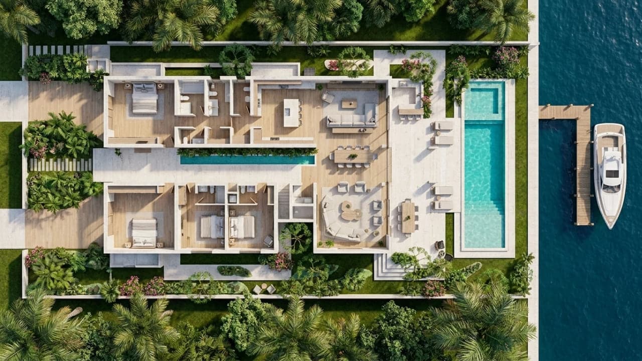 Aerial rendering of a waterfront luxury residence site plan showing the house footprint, pool, dock and landscaping against the lot