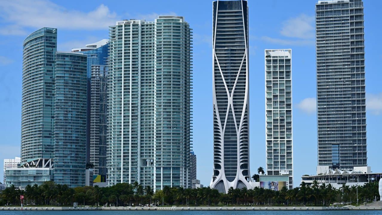 Aerial view of the Miami skyline along Biscayne Bay, where several buildings by internationally known architects sit within a short drive of each other