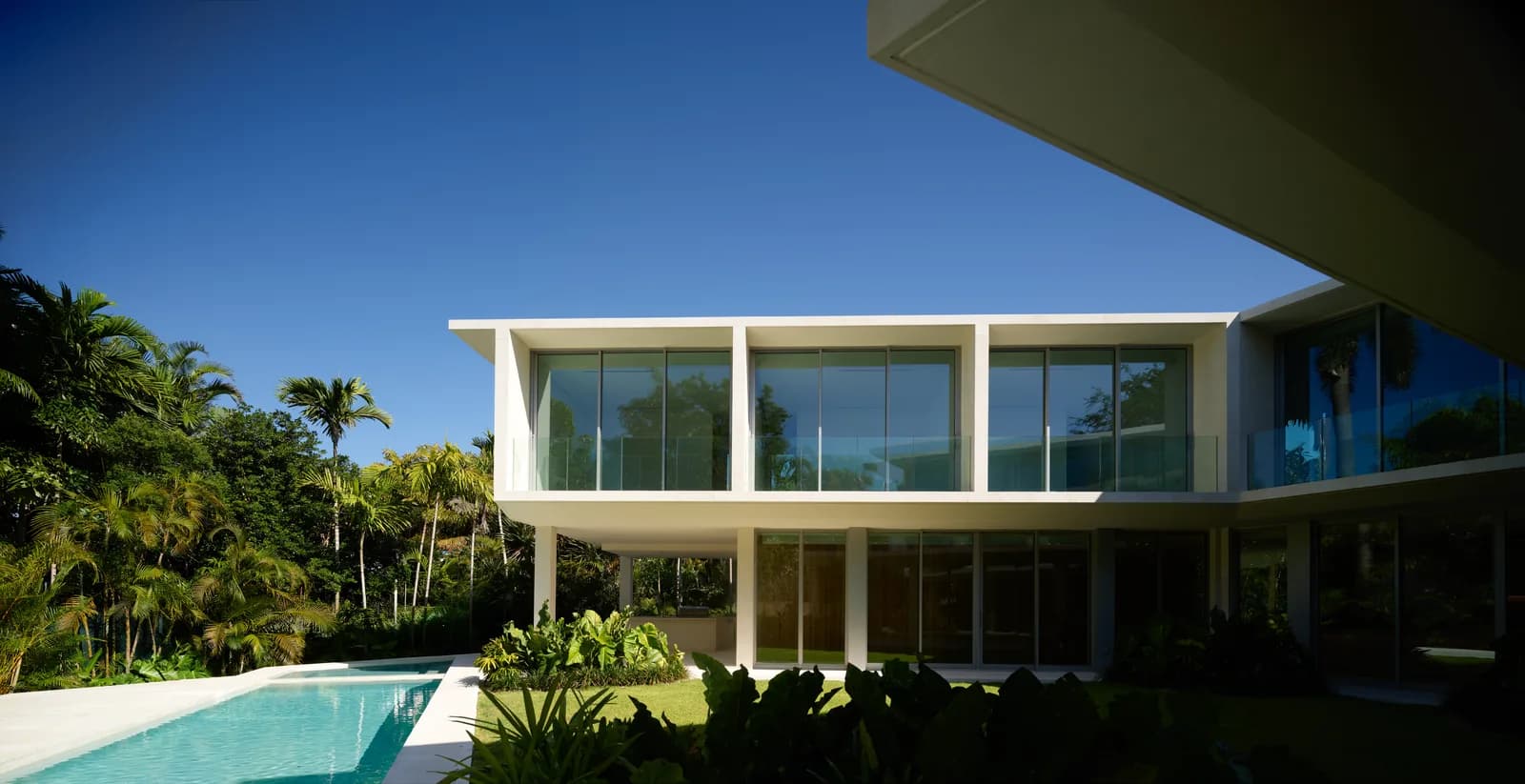 The Ingraham residence by LUXOM: floor to ceiling glass and dense palm landscaping around the pool in Coconut Grove