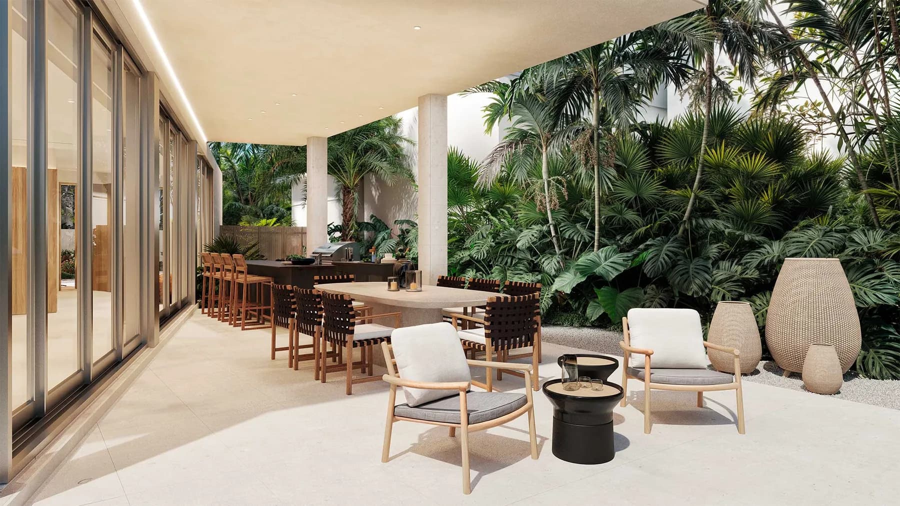 Pool deck at the Onaway Residence in Coconut Grove, positioned at the center of the pavilion plan rather than the back of the lot