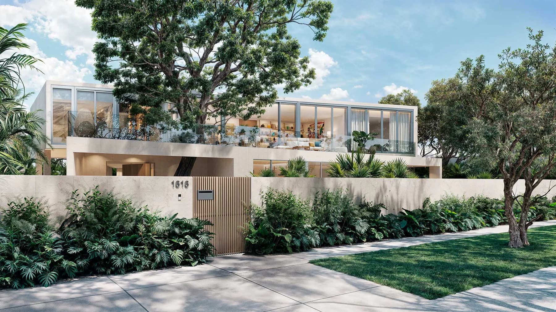 Exterior of the Onaway residence by LUXOM in Coconut Grove, Miami — glass, stone and shaded terraces set among mature trees