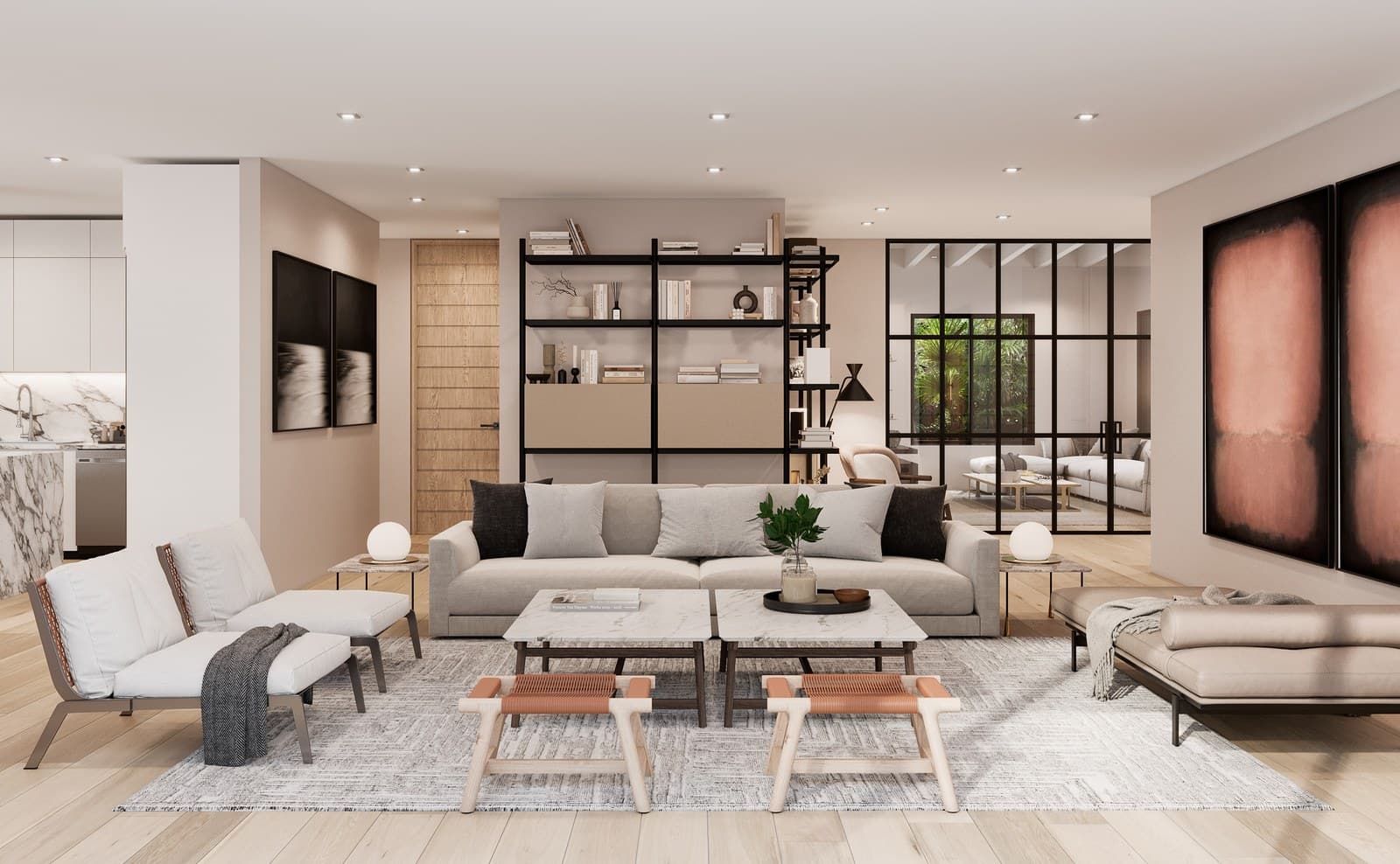 Living room with a calm neutral palette and full-height glazing in the Samana residence by LUXOM, Miami