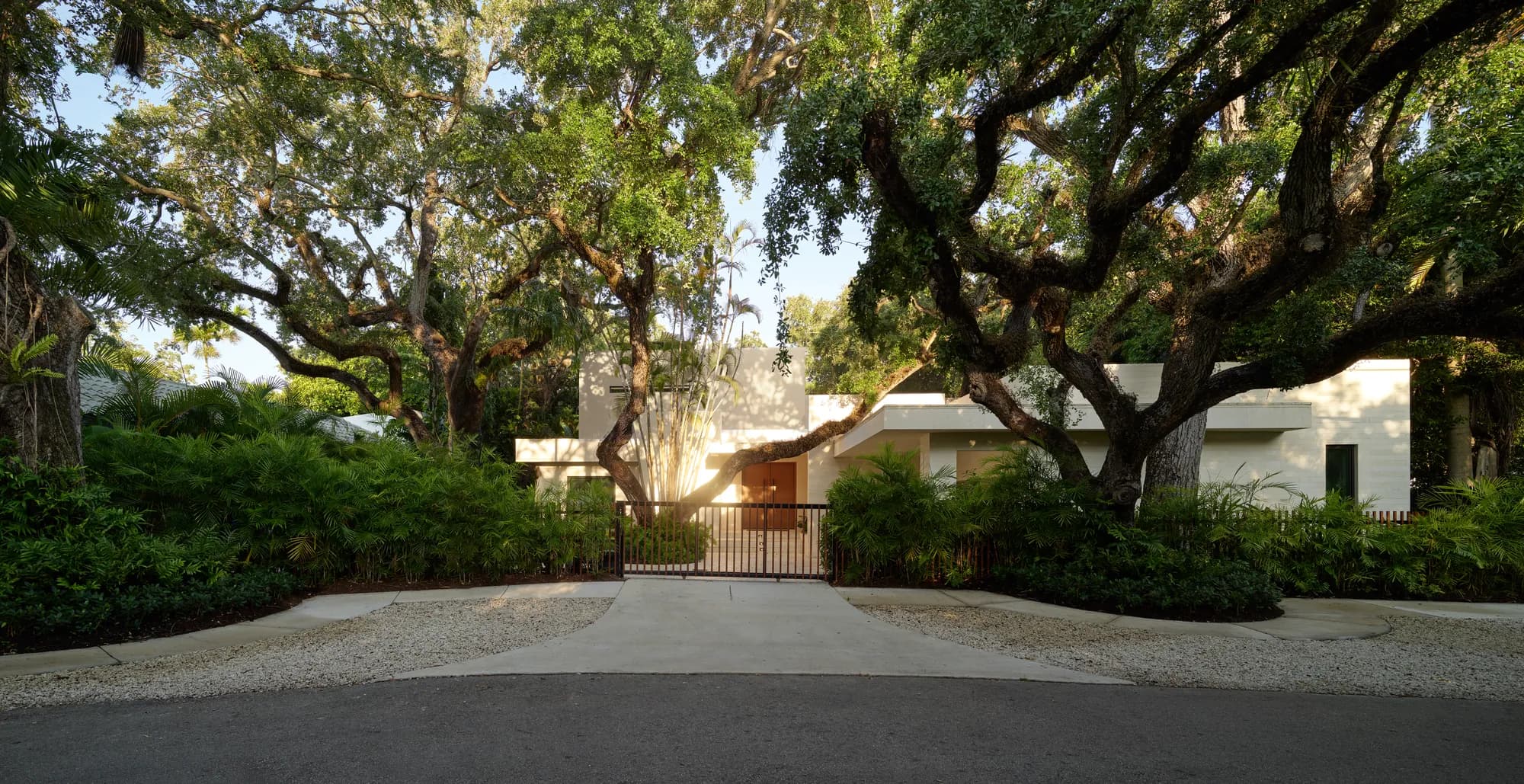 Warm evening light through mature oak trees at the gated entry of a Luxom residence, the kind of detail a photo online cannot fully carry