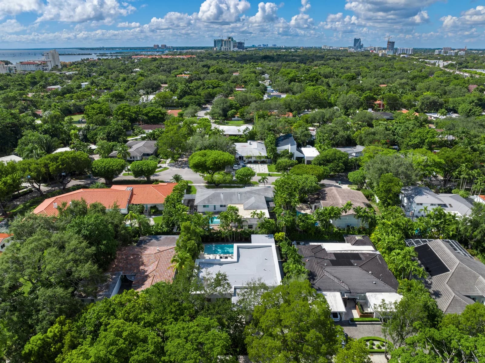 Aerial view of a tree canopied Coconut Grove street with several adjacent home lots along the same row, near the water